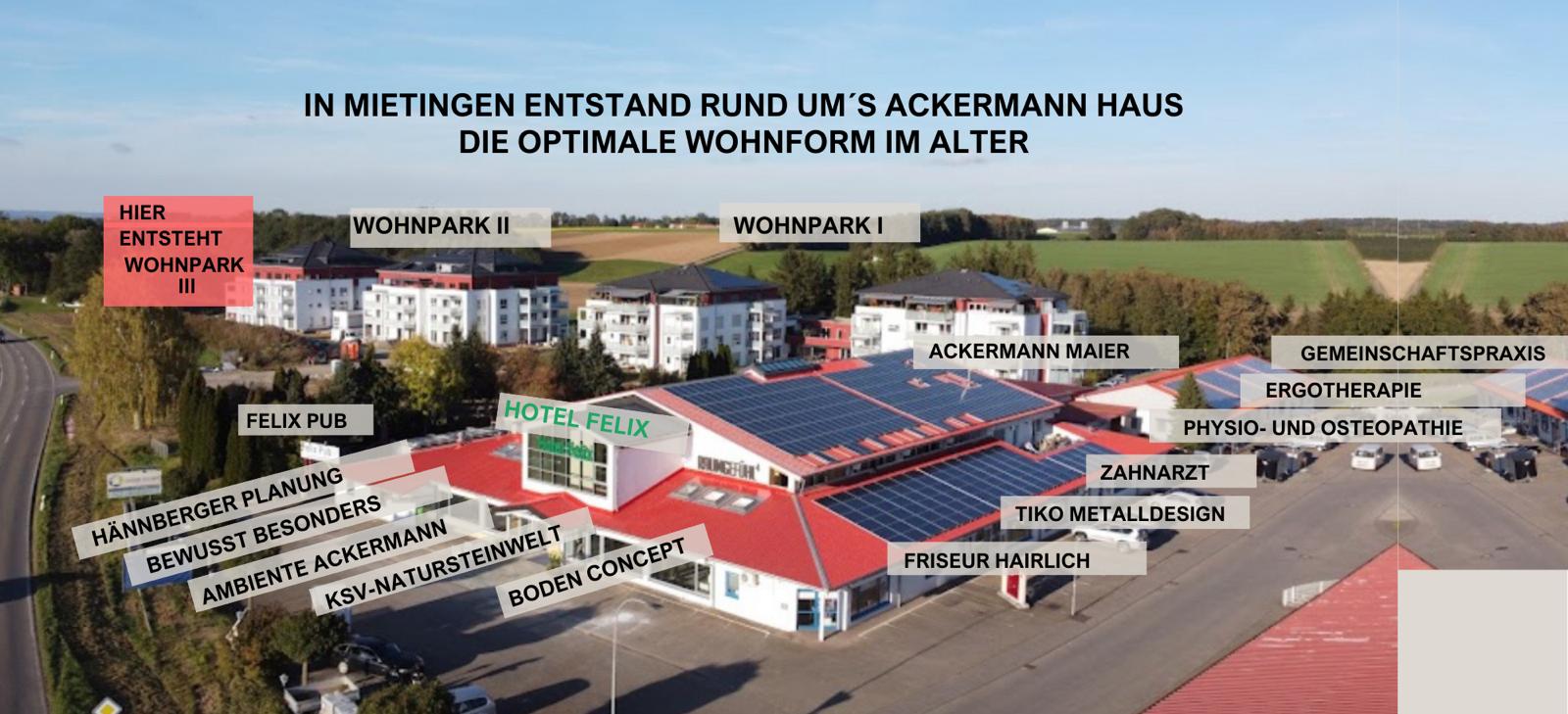 Luftbild Mietingen — Wohnpark I, II und III mit umliegender Infrastruktur: Arztpraxen, Physio, Zahnarzt, Hotel Felix, Restaurants und regionale Dienstleister